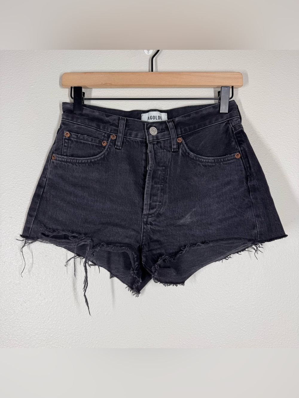 AGOLDE Parker Jean Shorts Raw Hem High Rise Festival Western Black Denim 23